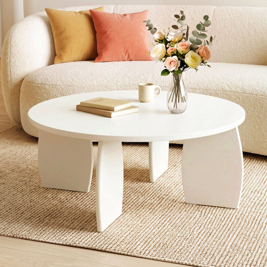 TWSC Round Coffee Table High-Gloss Center Table Minimalist Living Room Furniture 78x35cm Cream White