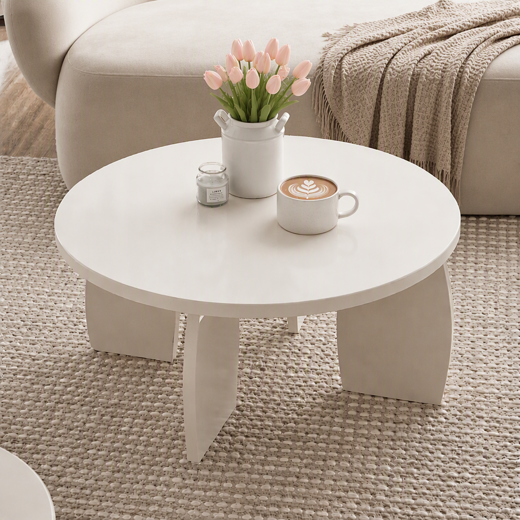 TWSC Round Coffee Table High-Gloss Center Table Minimalist Living Room Furniture 78x35cm Cream White