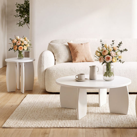 TWSC Coffee Table Set of 2 High Gloss Round Side Bedside Table Wood Living Room Cream