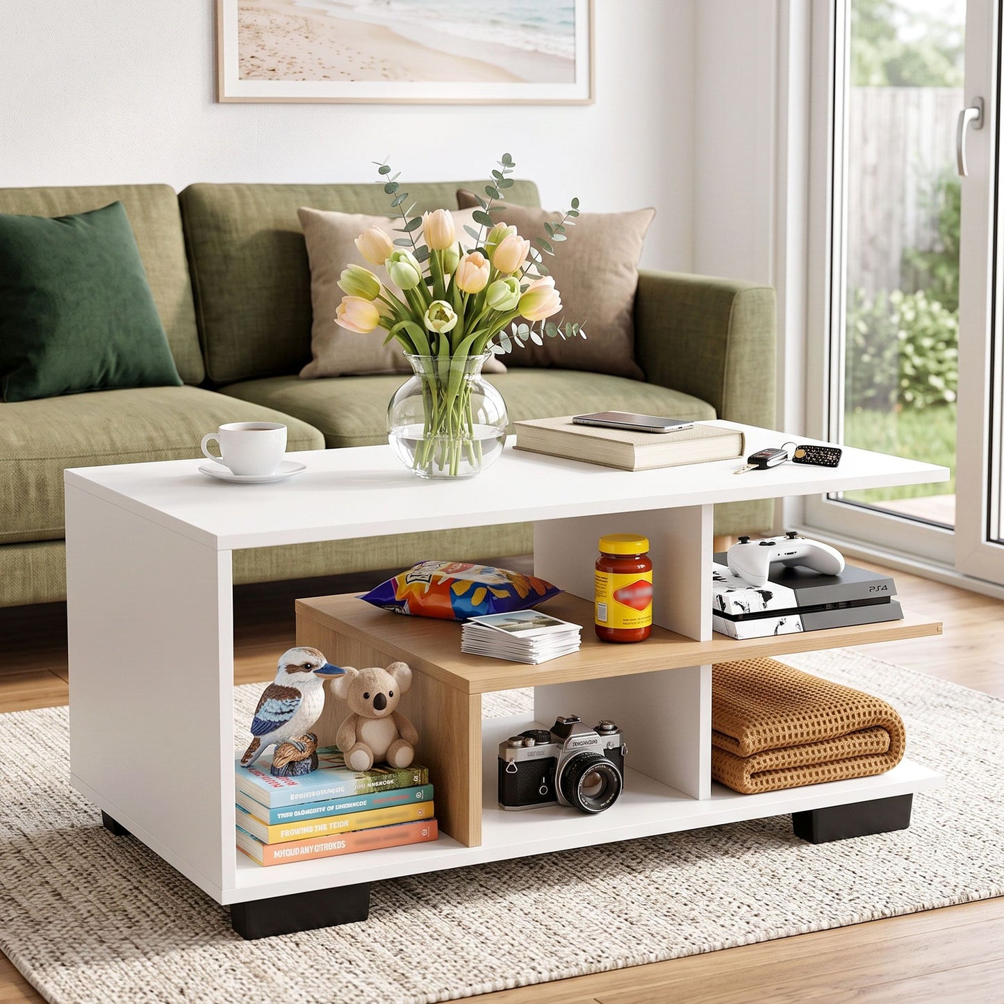 TWSC Coffee Table 90cm Center Table 3 Tier Open Storage Shelf Modern Living Room White & Wood