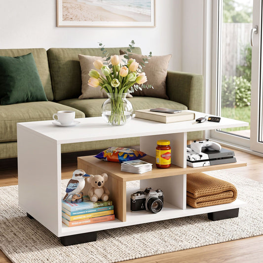 TWSC Coffee Table 90cm Center Table 3 Tier Open Storage Shelf Modern Living Room White & Wood