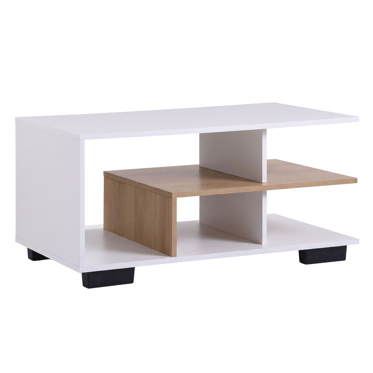 TWSC Coffee Table 90cm Center Table 3 Tier Open Storage Shelf Modern Living Room White & Wood