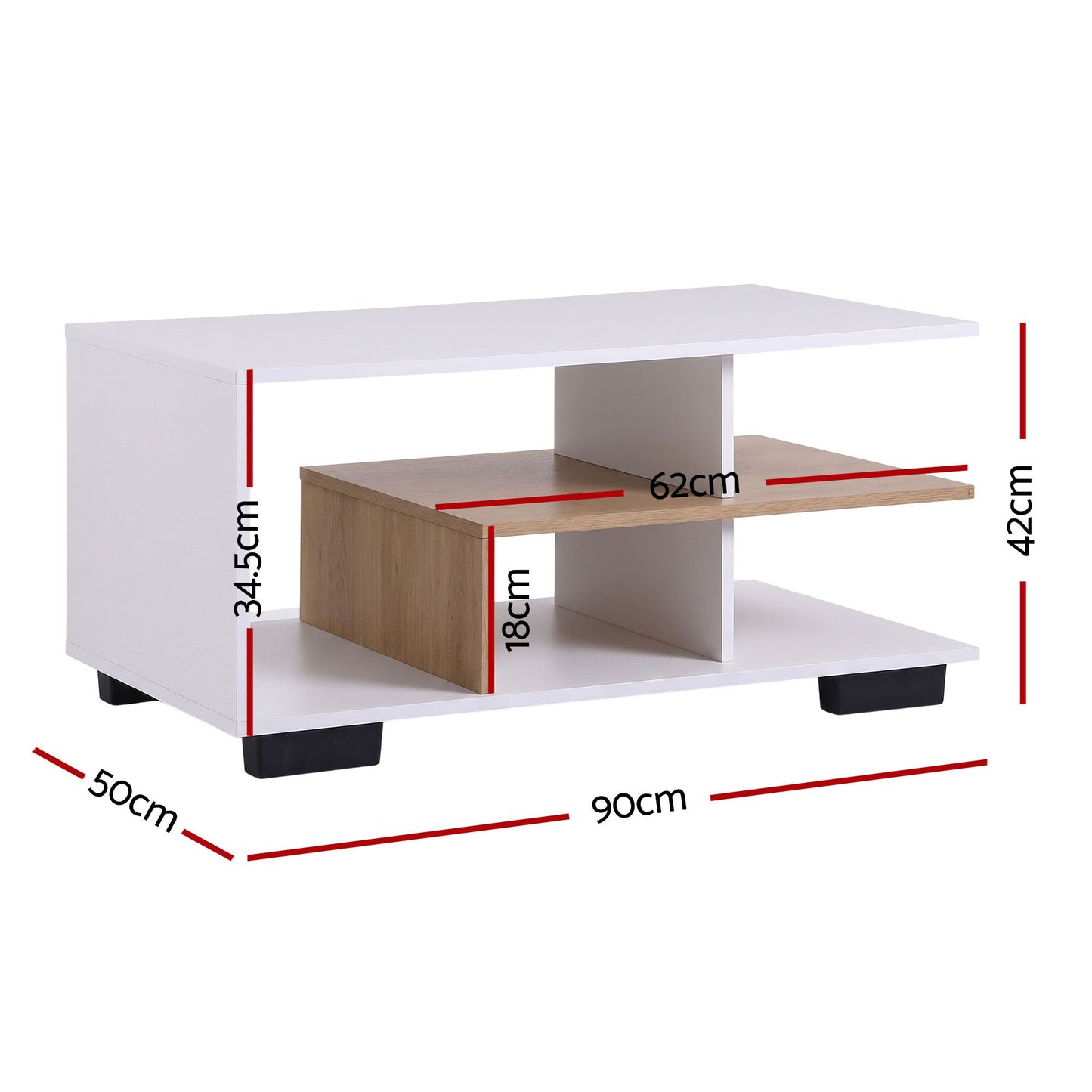 TWSC Coffee Table 90cm Center Table 3 Tier Open Storage Shelf Modern Living Room White & Wood