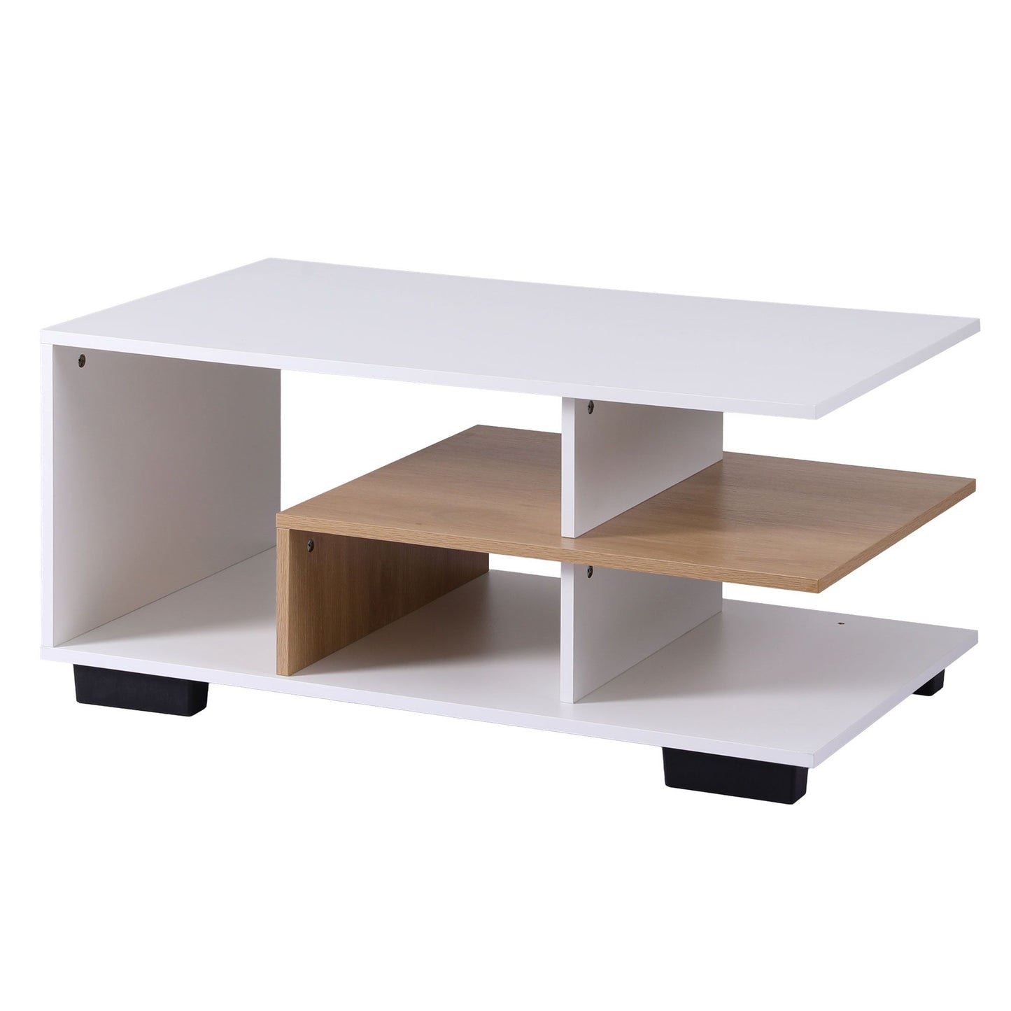 TWSC Coffee Table 90cm Center Table 3 Tier Open Storage Shelf Modern Living Room White & Wood
