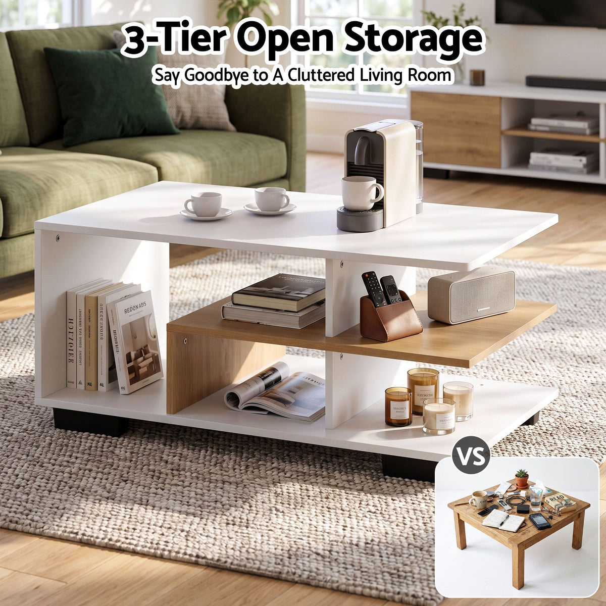 TWSC Coffee Table 90cm Center Table 3 Tier Open Storage Shelf Modern Living Room White & Wood