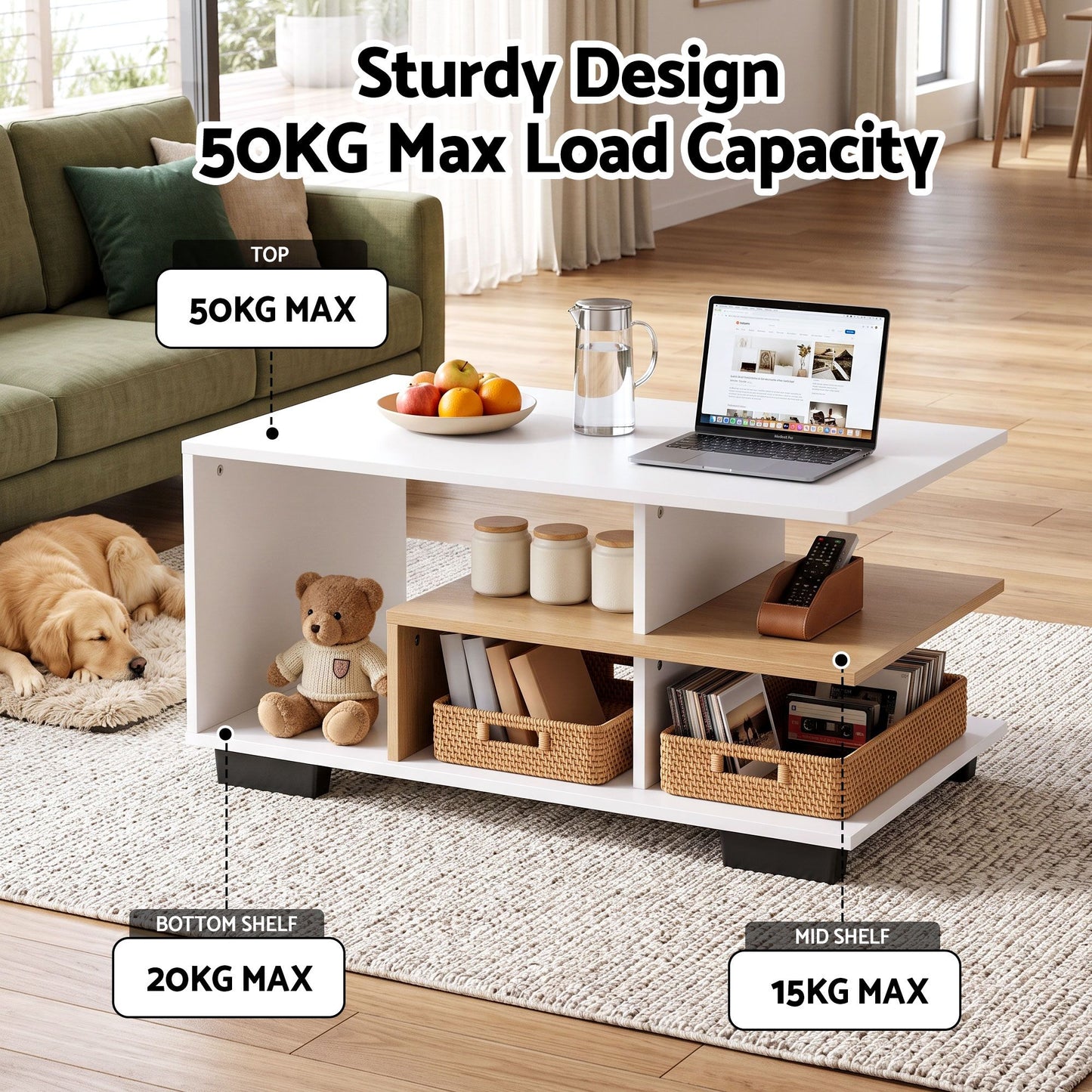 TWSC Coffee Table 90cm Center Table 3 Tier Open Storage Shelf Modern Living Room White & Wood