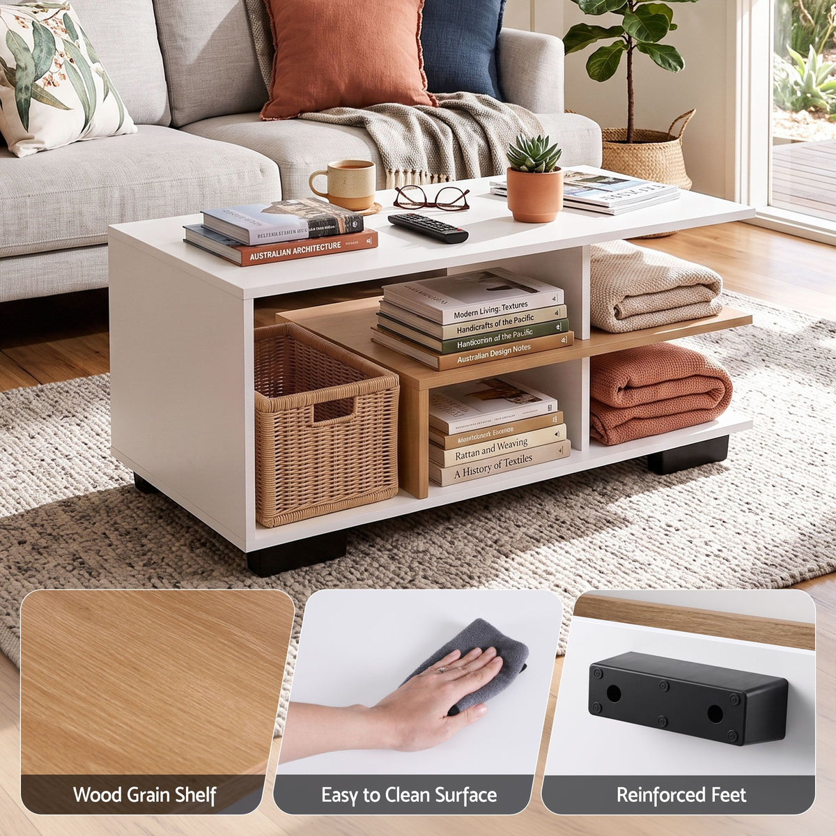 TWSC Coffee Table 90cm Center Table 3 Tier Open Storage Shelf Modern Living Room White & Wood
