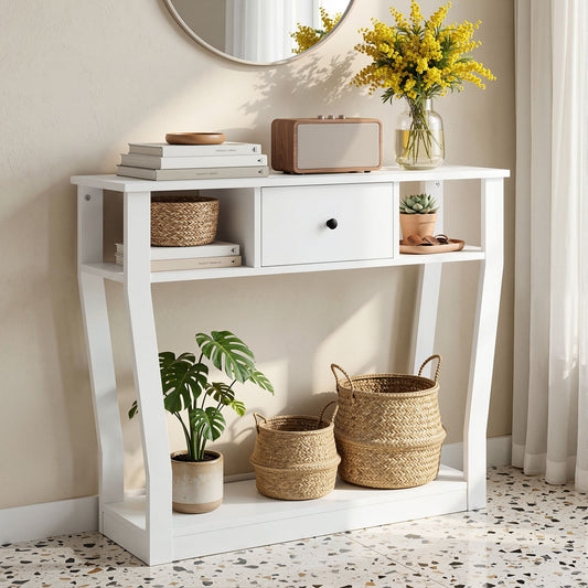 TWSC Console Table Entryway Hallway Sofa Side Table Drawer Shelf 100CM White