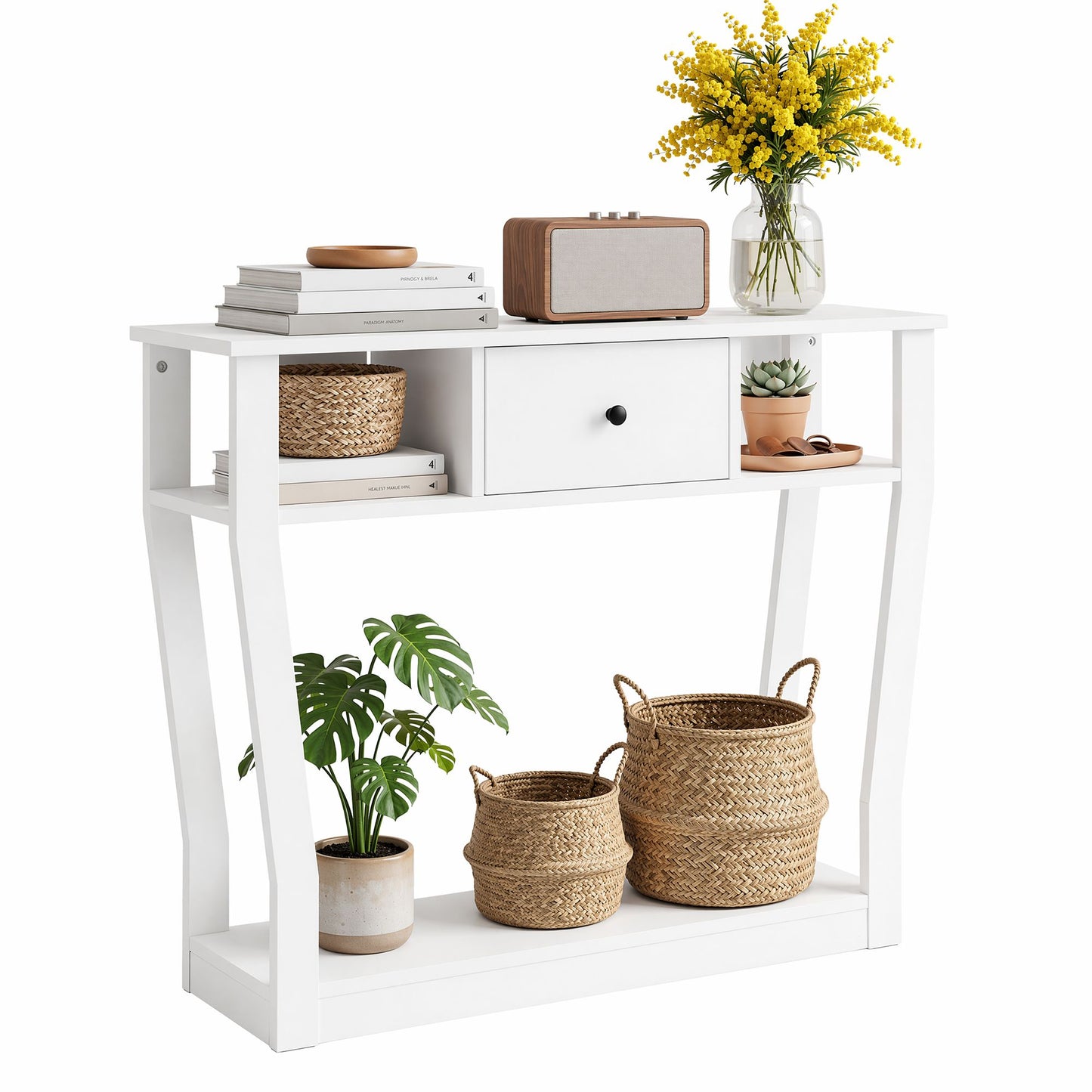 TWSC Console Table Entryway Hallway Sofa Side Table Drawer Shelf 100CM White