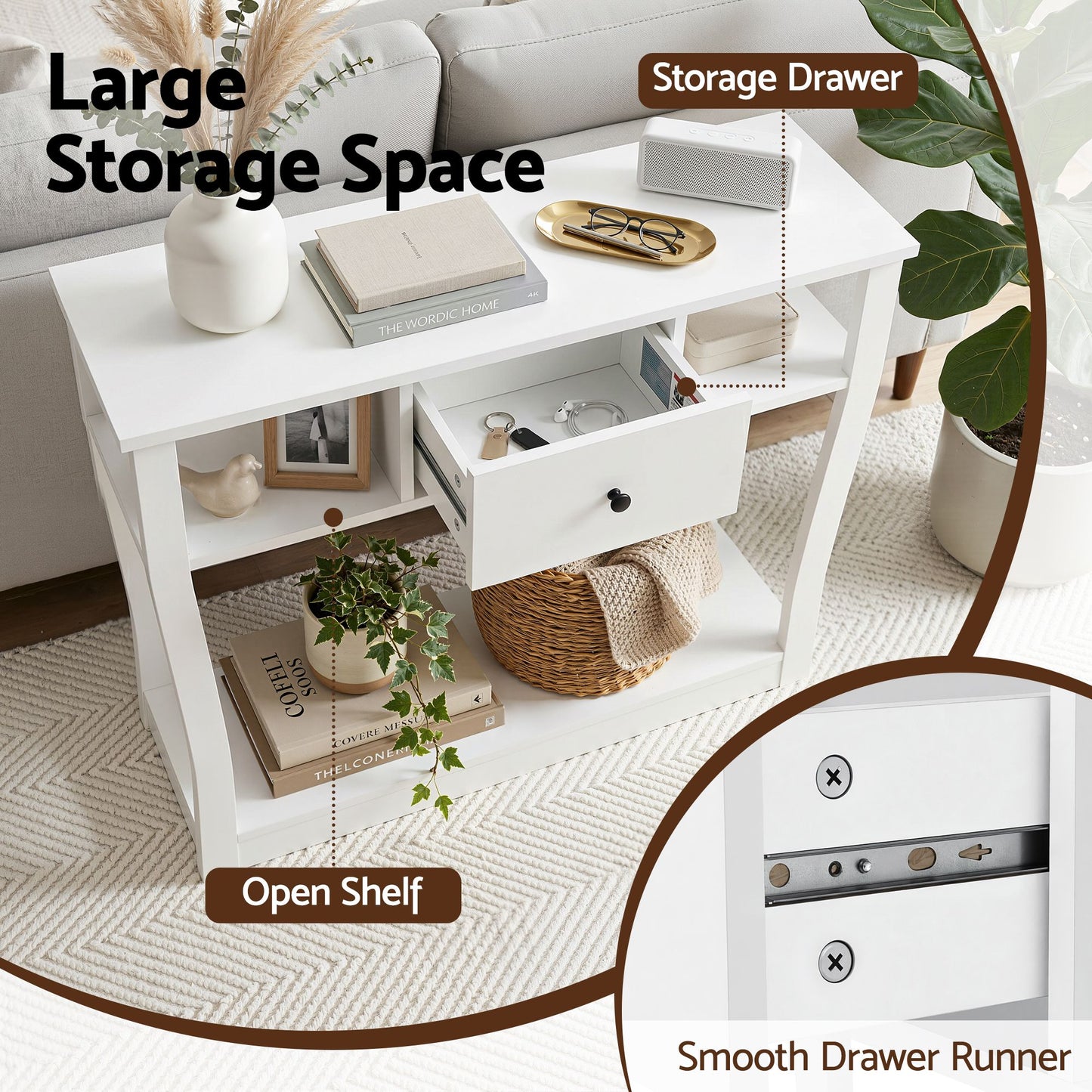 TWSC Console Table Entryway Hallway Sofa Side Table Drawer Shelf 100CM White