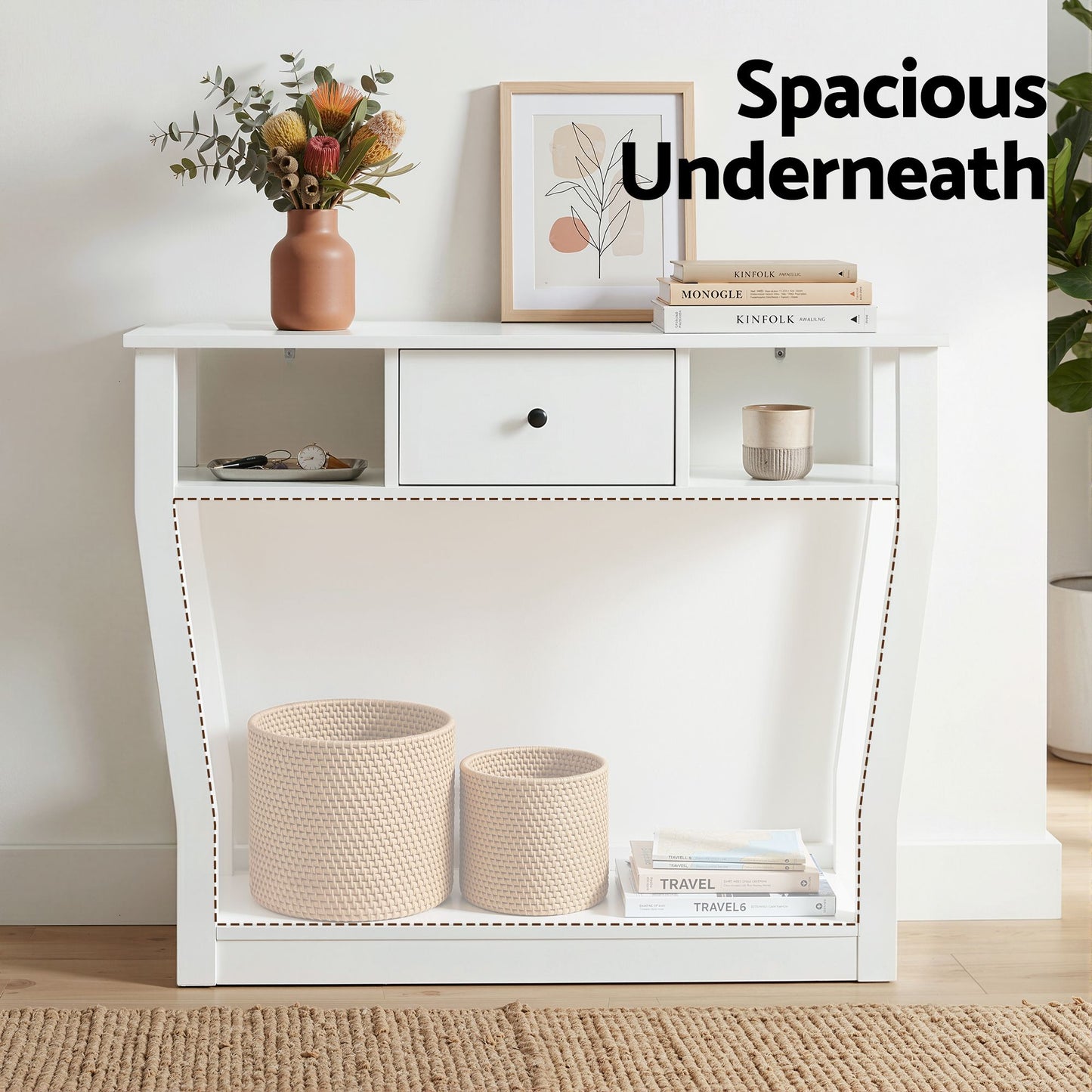TWSC Console Table Entryway Hallway Sofa Side Table Drawer Shelf 100CM White