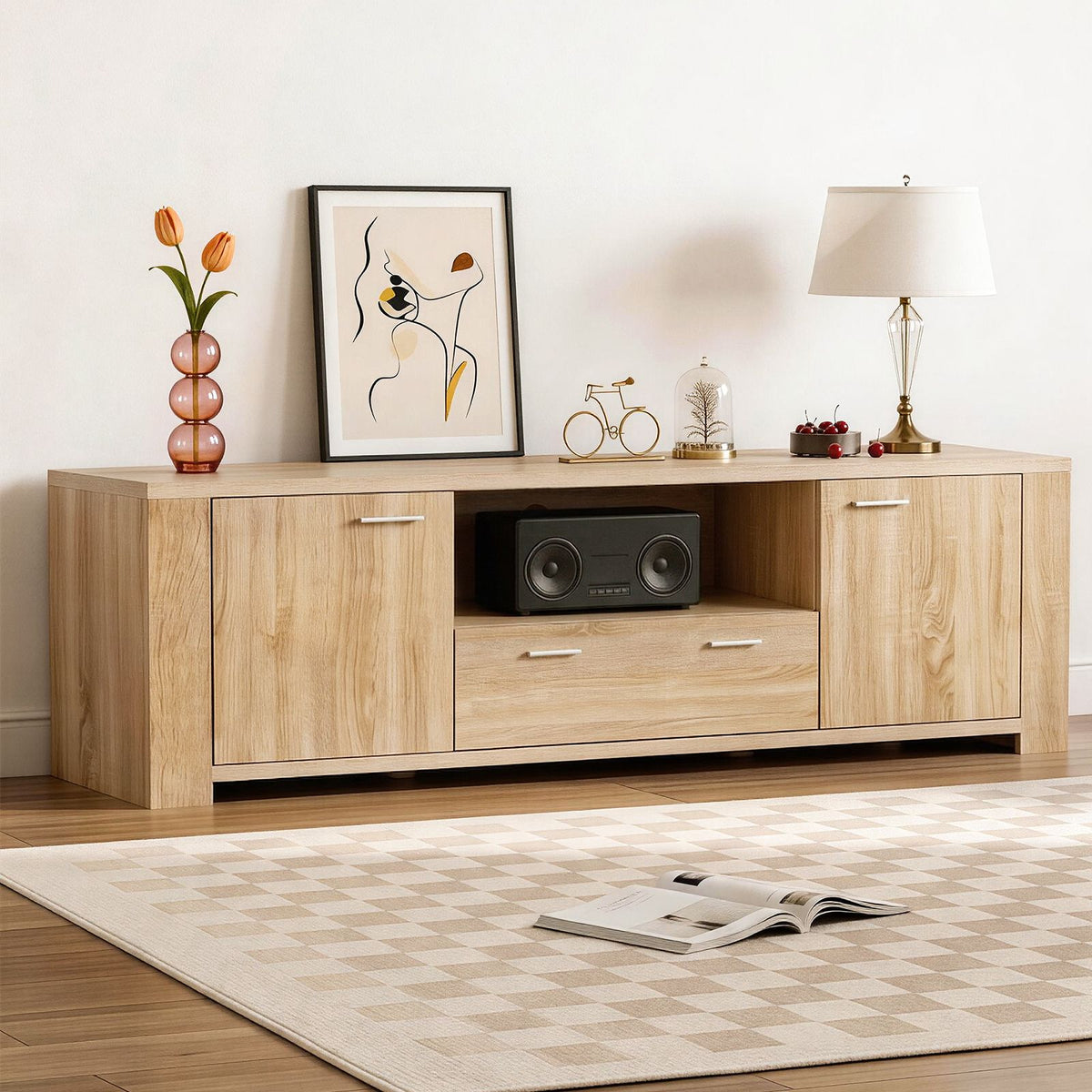 TWSC 180cm TV Unit Entertainment Unit Storage Drawer Cabinet Pine