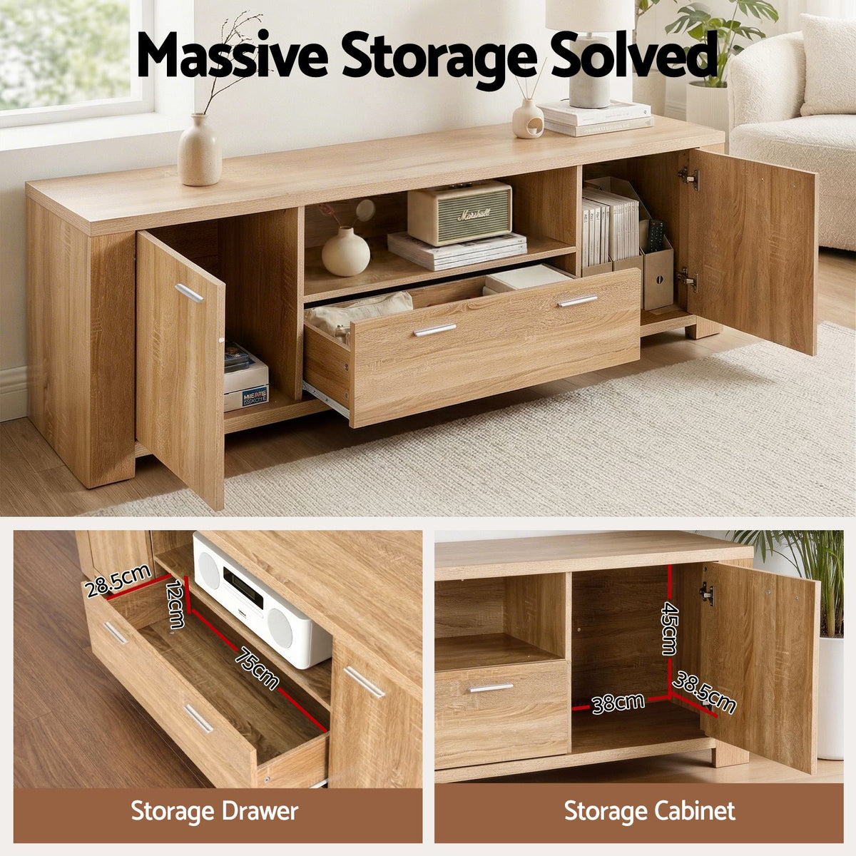 TWSC 180cm TV Unit Entertainment Unit Storage Drawer Cabinet Pine