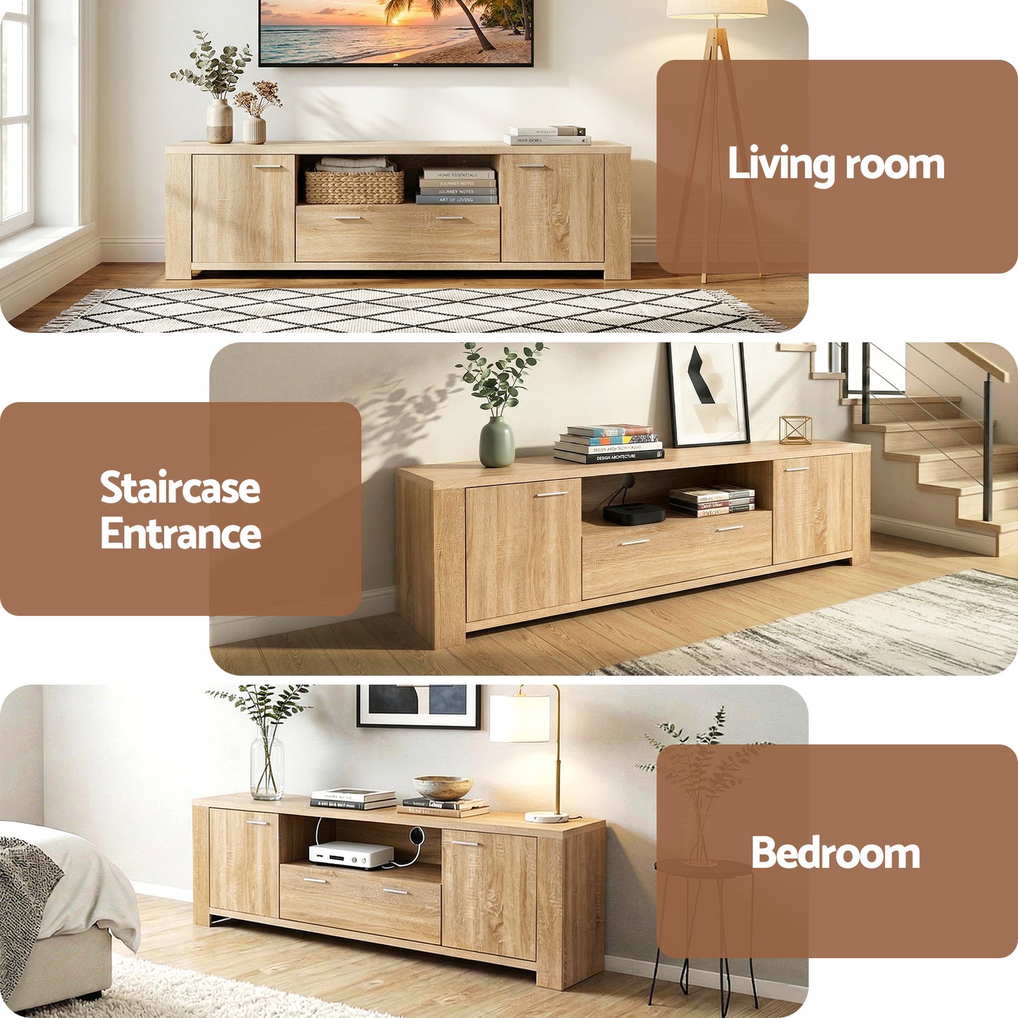 TWSC 180cm TV Unit Entertainment Unit Storage Drawer Cabinet Pine