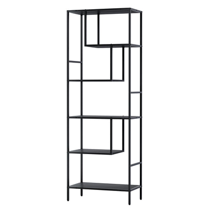 Black powder-coated metal Rhys 5-tier bookshelf by The Willow Stone Collective, showcasing modern design and multiple open shelving levels.