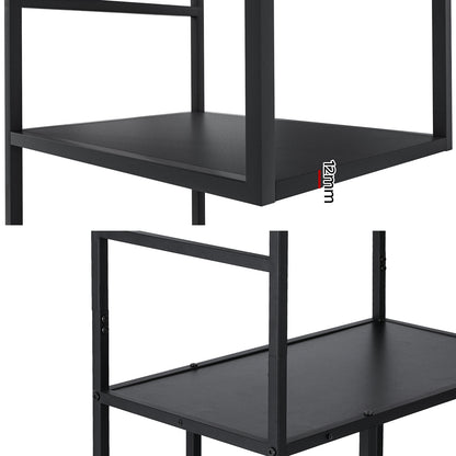 Black powder-coated metal Rhys 5-tier bookshelf by The Willow Stone Collective, showcasing a sleek, modern design for living room storage.