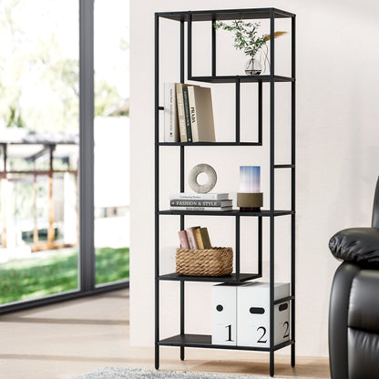Black powder-coated metal Rhys 5-tier bookshelf by The Willow Stone Collective, showcasing a modern, sleek storage solution.