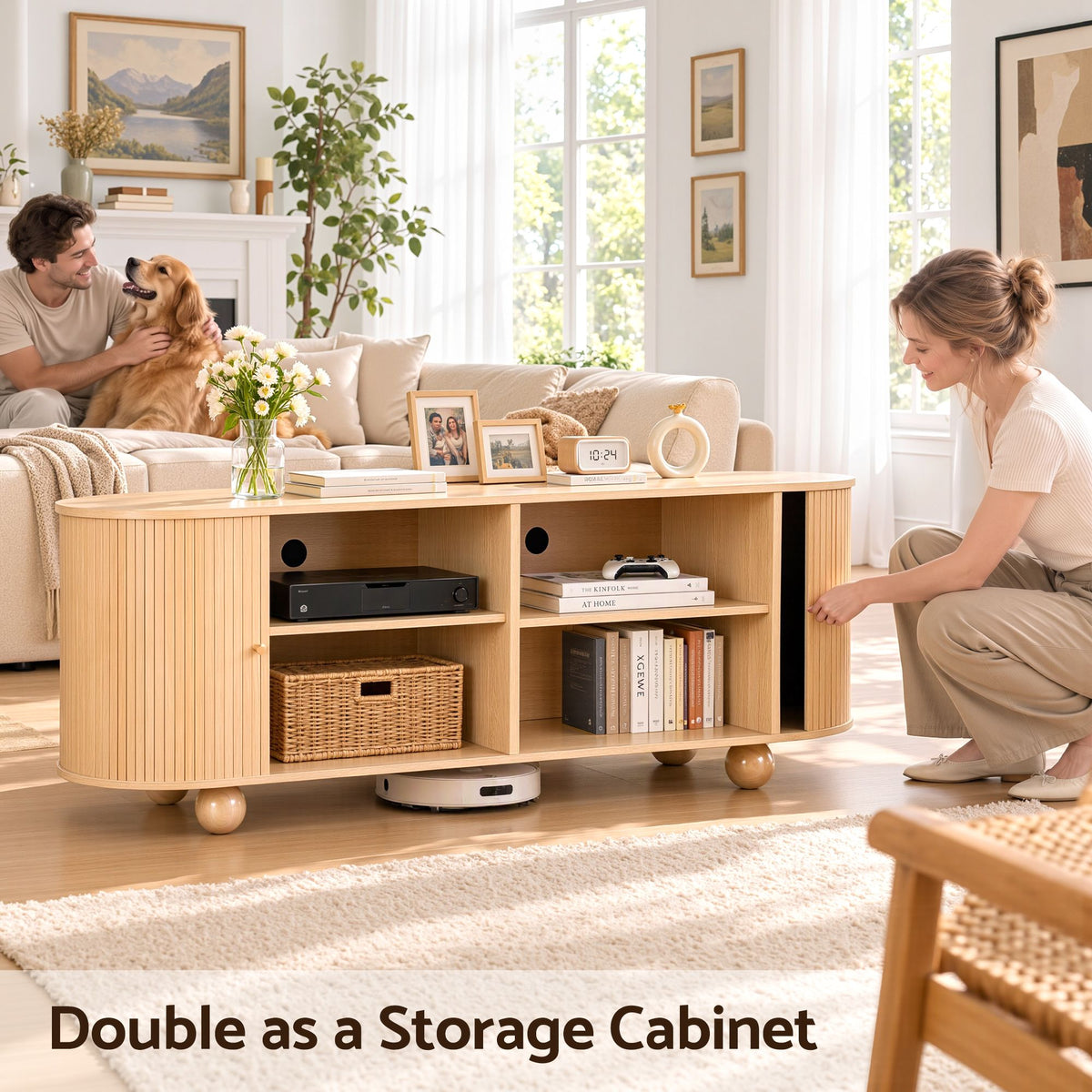 Artiss 180cm TV Unit Storage Shelf Curved Edge Sliding Fluted Style Door Pine