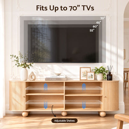 Artiss 180cm TV Unit Storage Shelf Curved Edge Sliding Fluted Style Door Pine