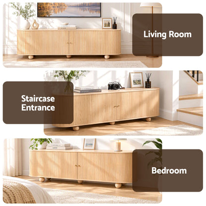 Artiss 180cm TV Unit Storage Shelf Curved Edge Sliding Fluted Style Door Pine