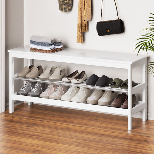 Shoe Storage Bench – Bamboo Frame, White, 10-Pair Capacity