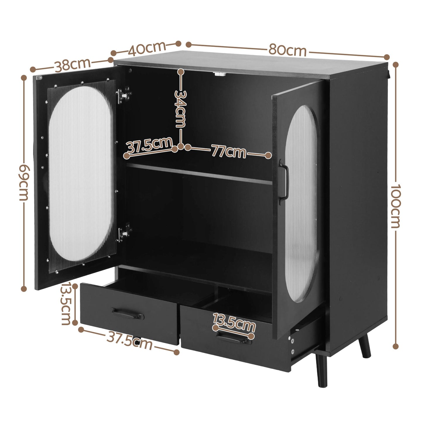 Buffet Sideboard – Double Doors, Black, Pinewood Legs