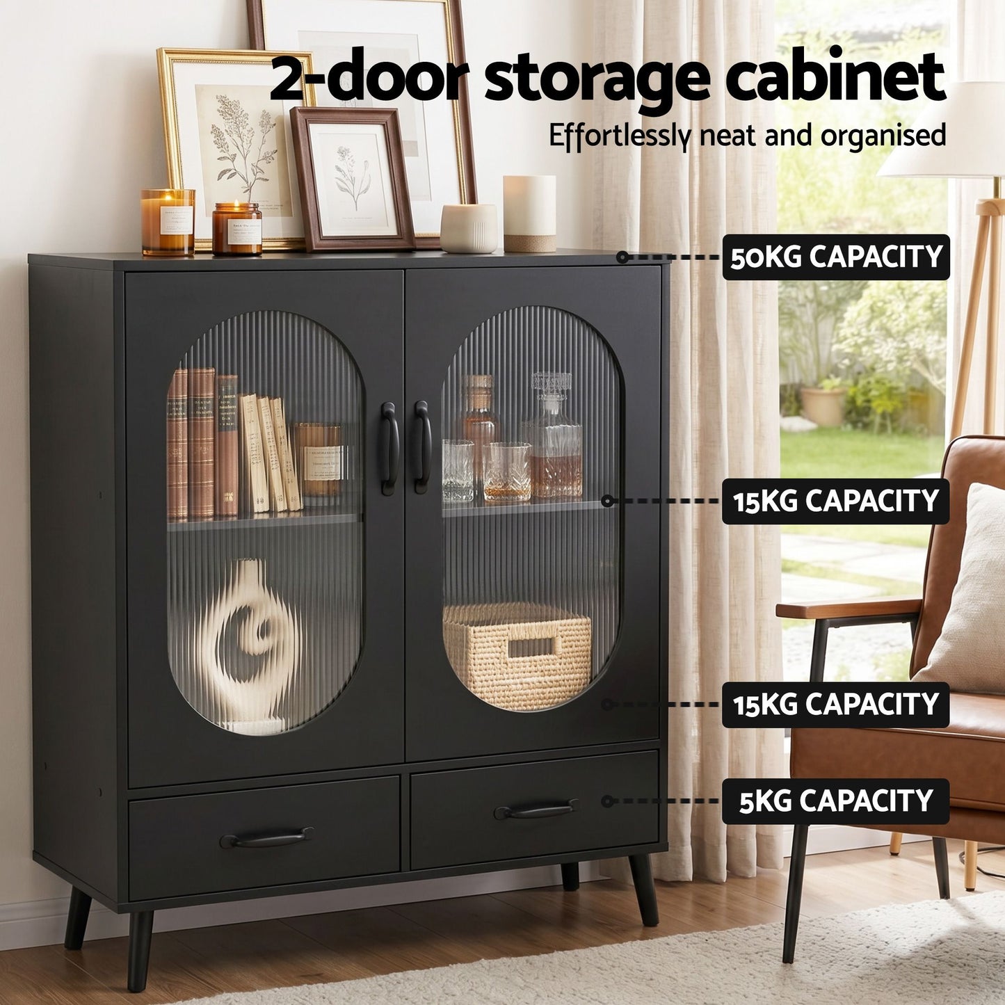 Buffet Sideboard – Double Doors, Black, Pinewood Legs