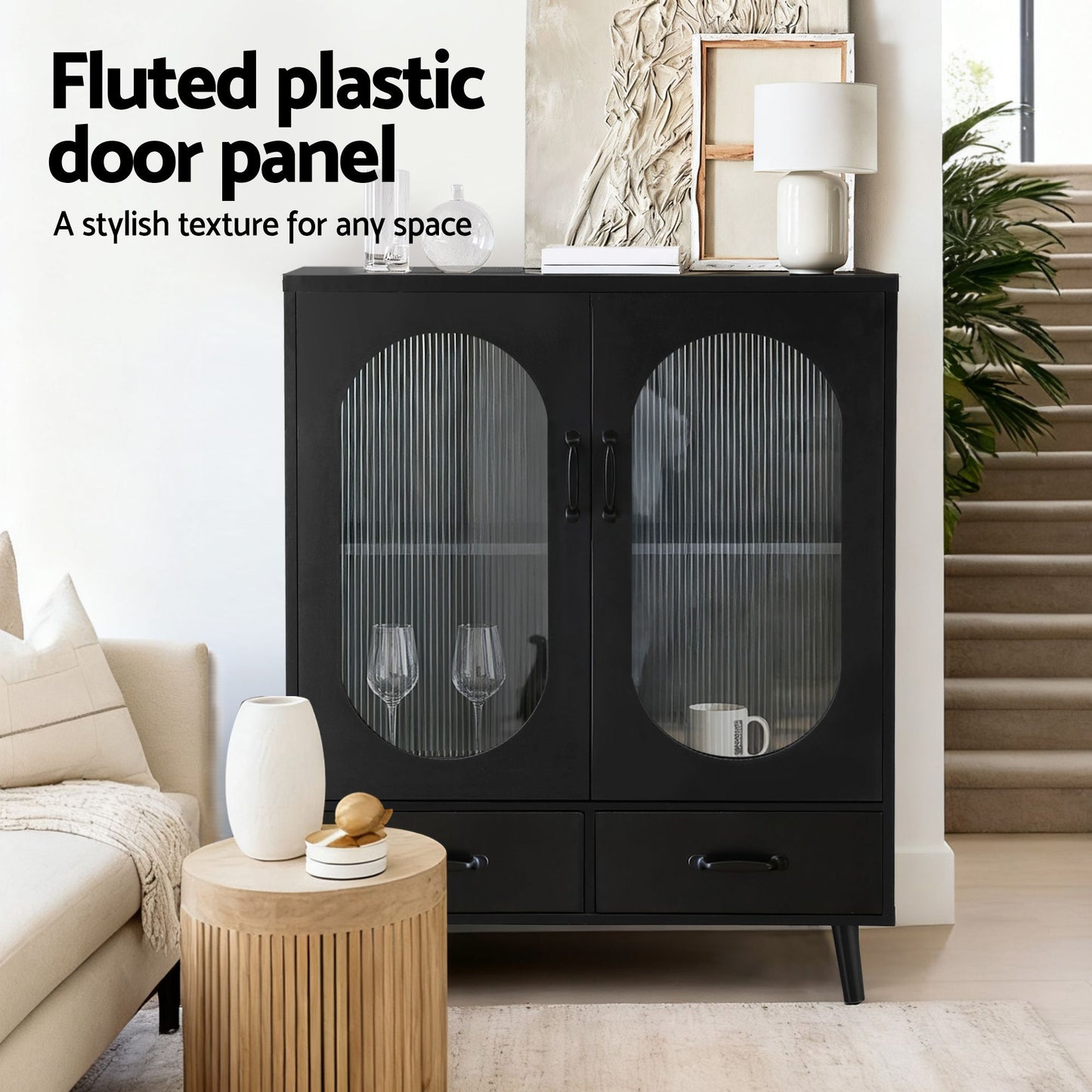 Buffet Sideboard – Double Doors, Black, Pinewood Legs