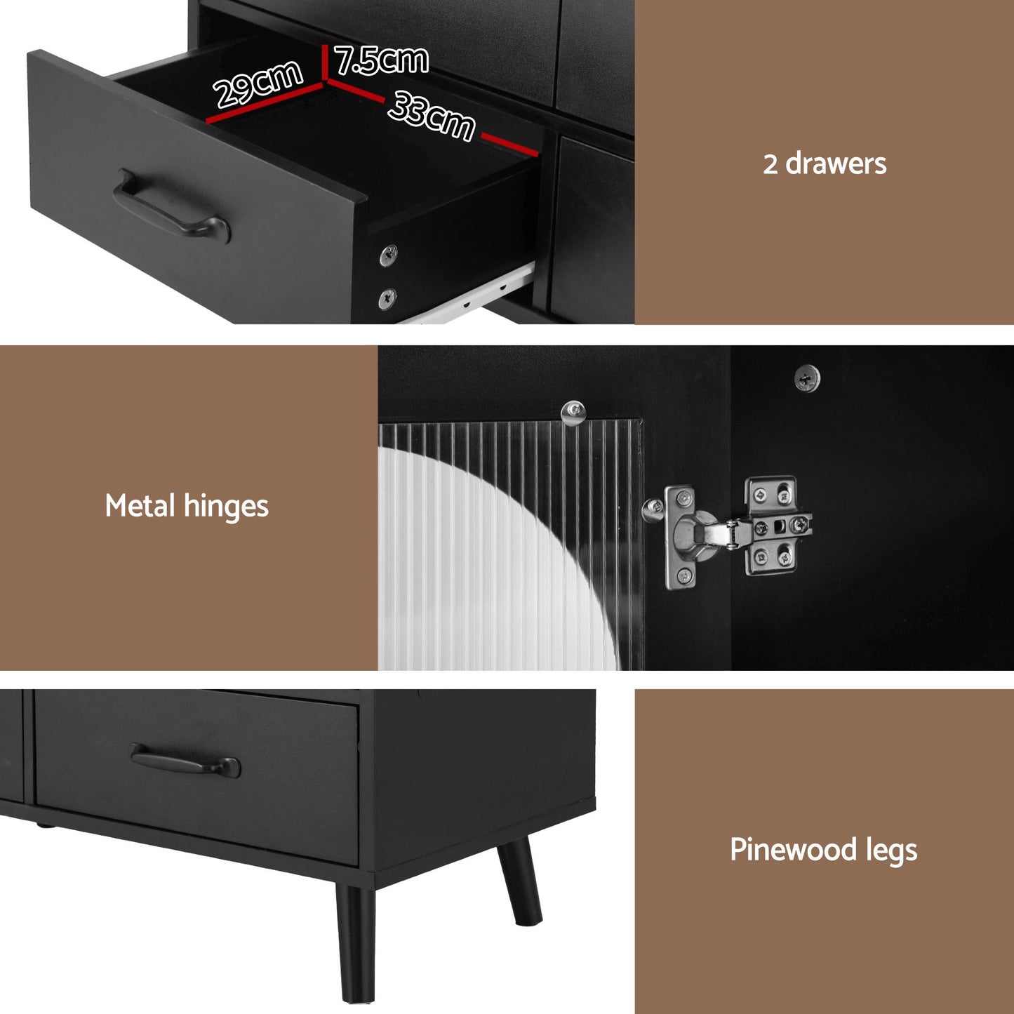 Buffet Sideboard – Double Doors, Black, Pinewood Legs