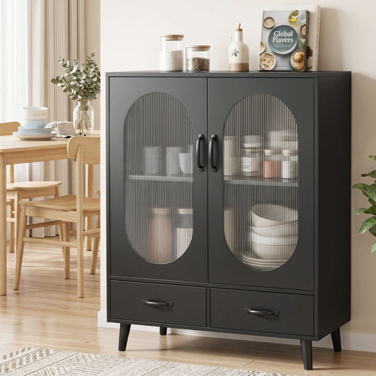 Black buffet sideboard with double doors and pinewood legs, modern dining furniture by The Willow Stone Collective.