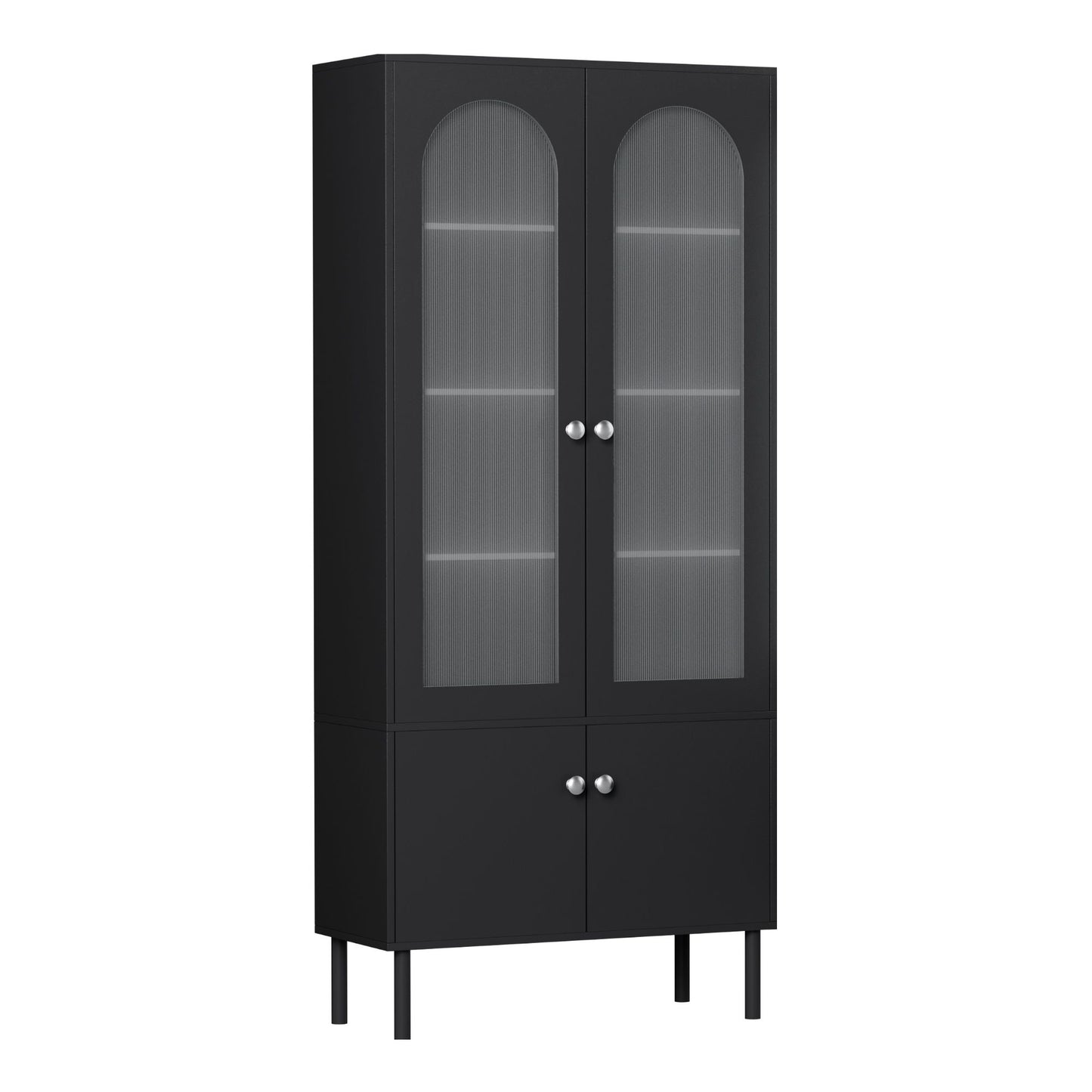 Buffet Sideboard – Fluted Doors, Black, Adjustable Metal Legs