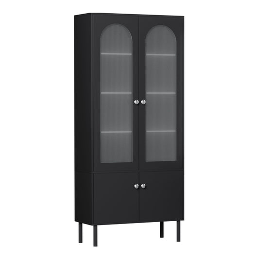 Buffet Sideboard – Fluted Doors, Black, Adjustable Metal Legs