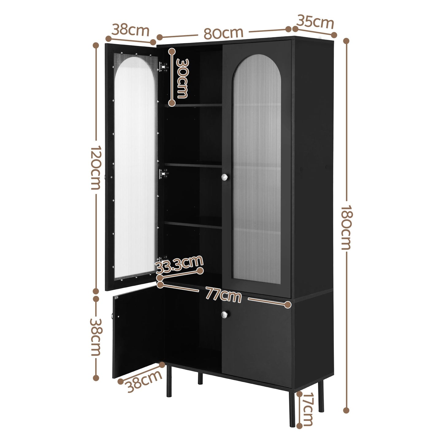 Buffet Sideboard – Fluted Doors, Black, Adjustable Metal Legs