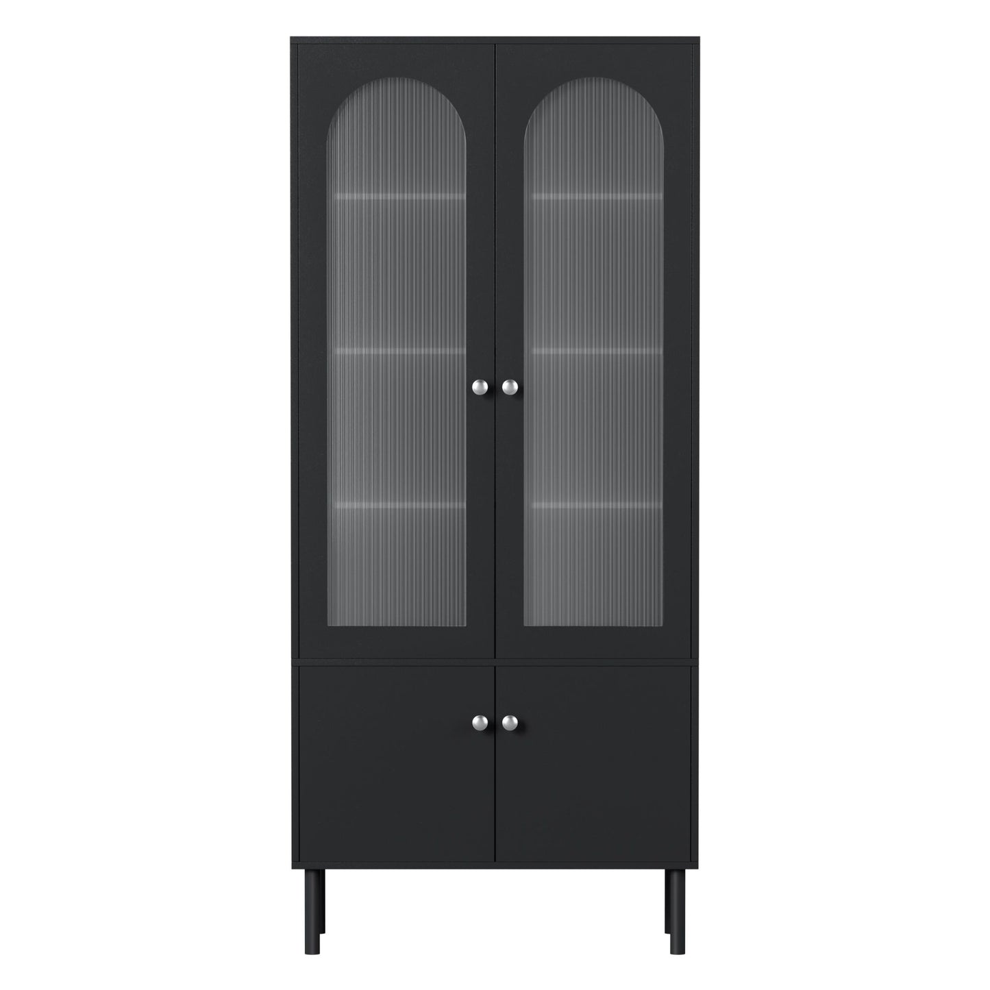 Buffet Sideboard – Fluted Doors, Black, Adjustable Metal Legs