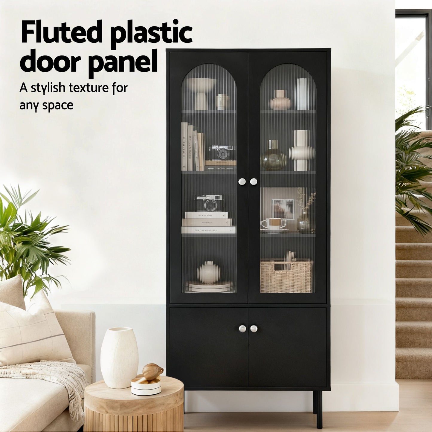 Buffet Sideboard – Fluted Doors, Black, Adjustable Metal Legs