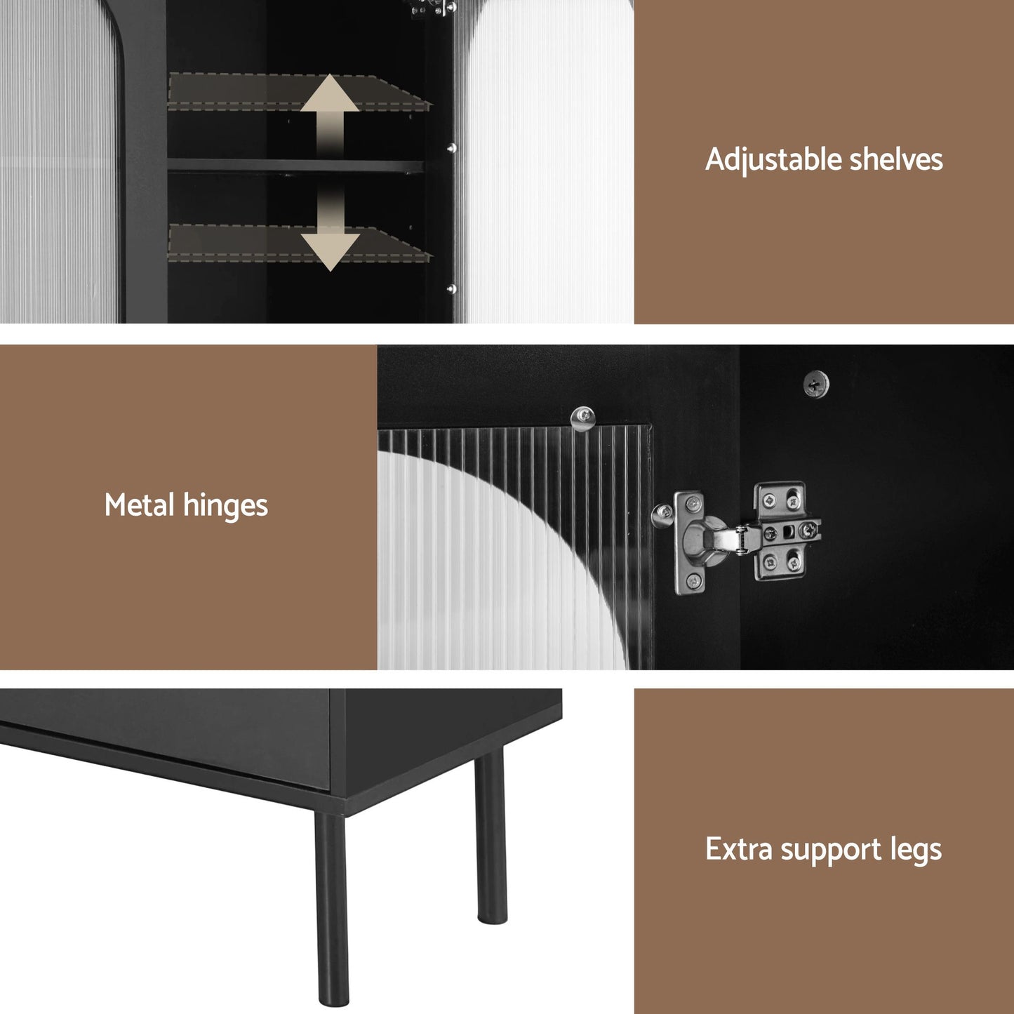 Buffet Sideboard – Fluted Doors, Black, Adjustable Metal Legs