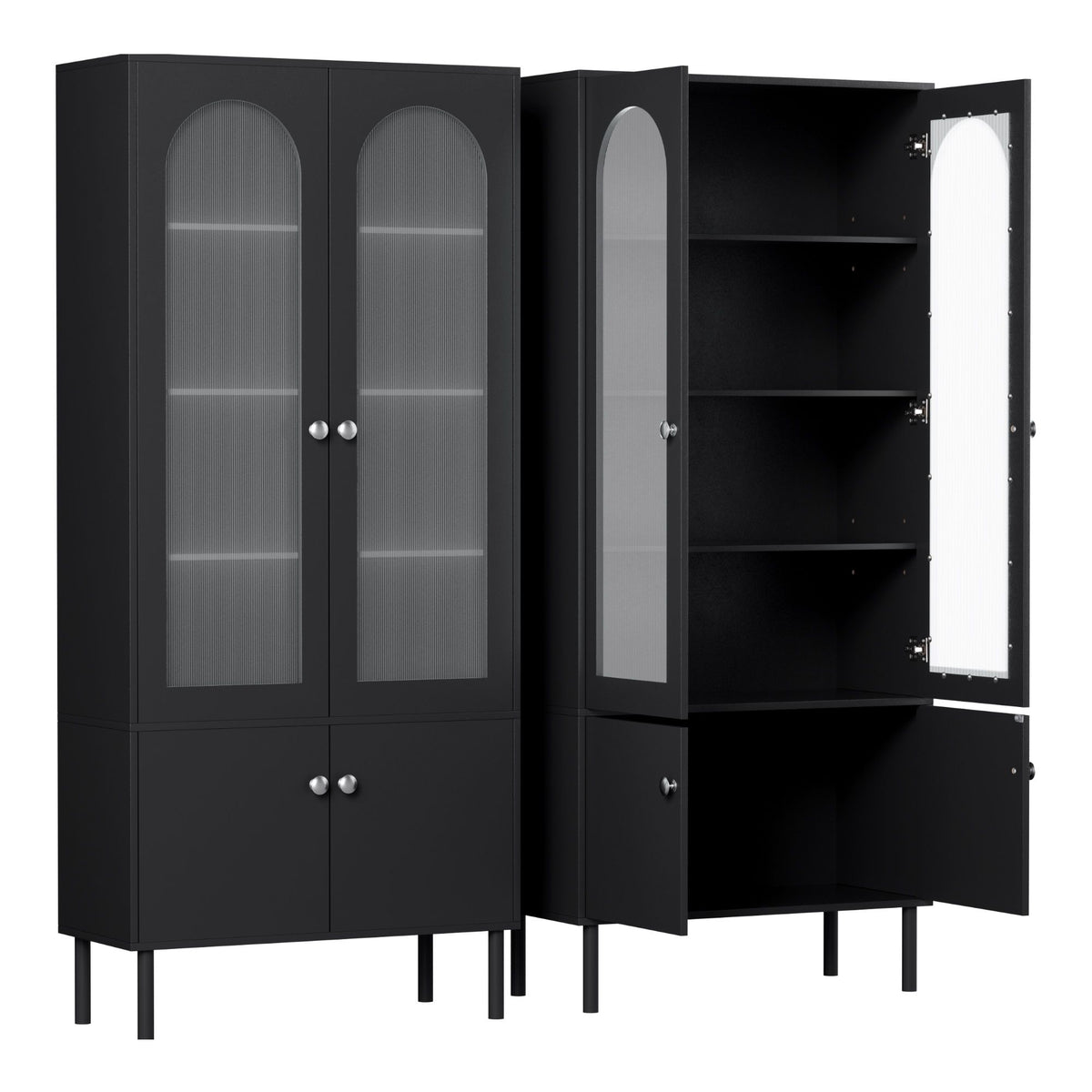 TWSC 2x Buffet Sideboard Cabinet Pantry 5-Tier Storage Cupboard Fluted Black