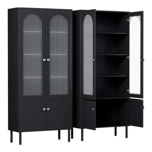 TWSC 2x Buffet Sideboard Cabinet Pantry 5-Tier Storage Cupboard Fluted Black