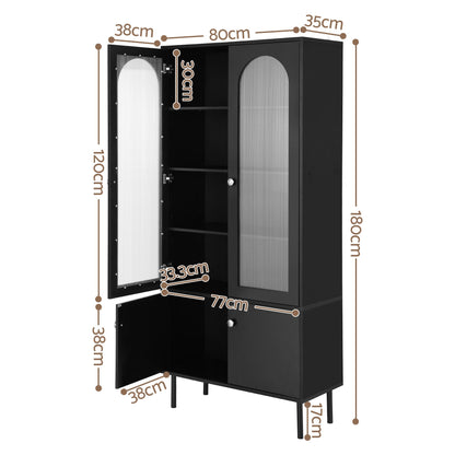 TWSC 2x Buffet Sideboard Cabinet Pantry 5-Tier Storage Cupboard Fluted Black