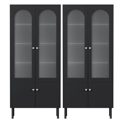 TWSC 2x Buffet Sideboard Cabinet Pantry 5-Tier Storage Cupboard Fluted Black