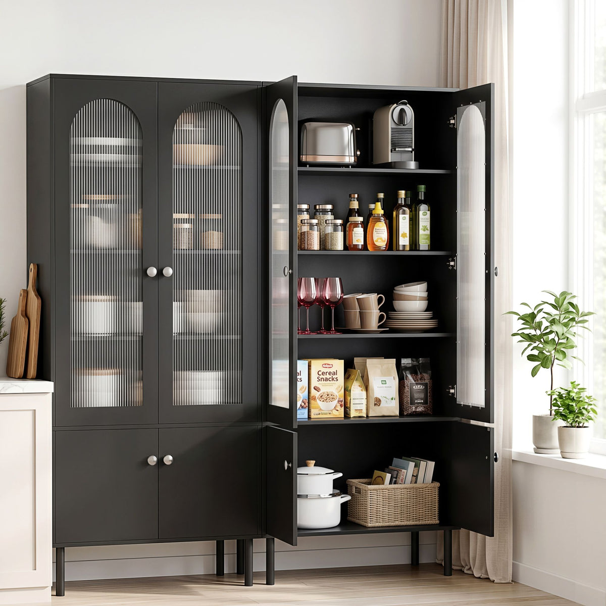 TWSC 2x Buffet Sideboard Cabinet Pantry 5-Tier Storage Cupboard Fluted Black