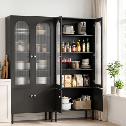 TWSC 2x Buffet Sideboard Cabinet Pantry 5-Tier Storage Cupboard Fluted Black