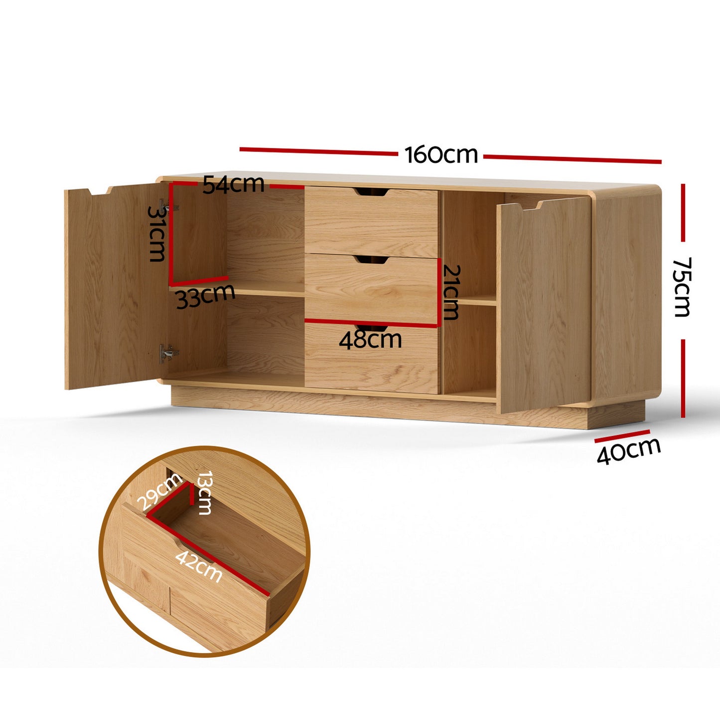 Buffet Sideboard – Oak Finish with Rounded Edges and Storage Drawers