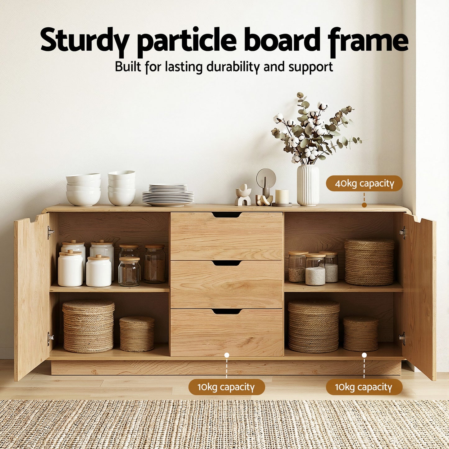 Buffet Sideboard – Oak Finish with Rounded Edges and Storage Drawers