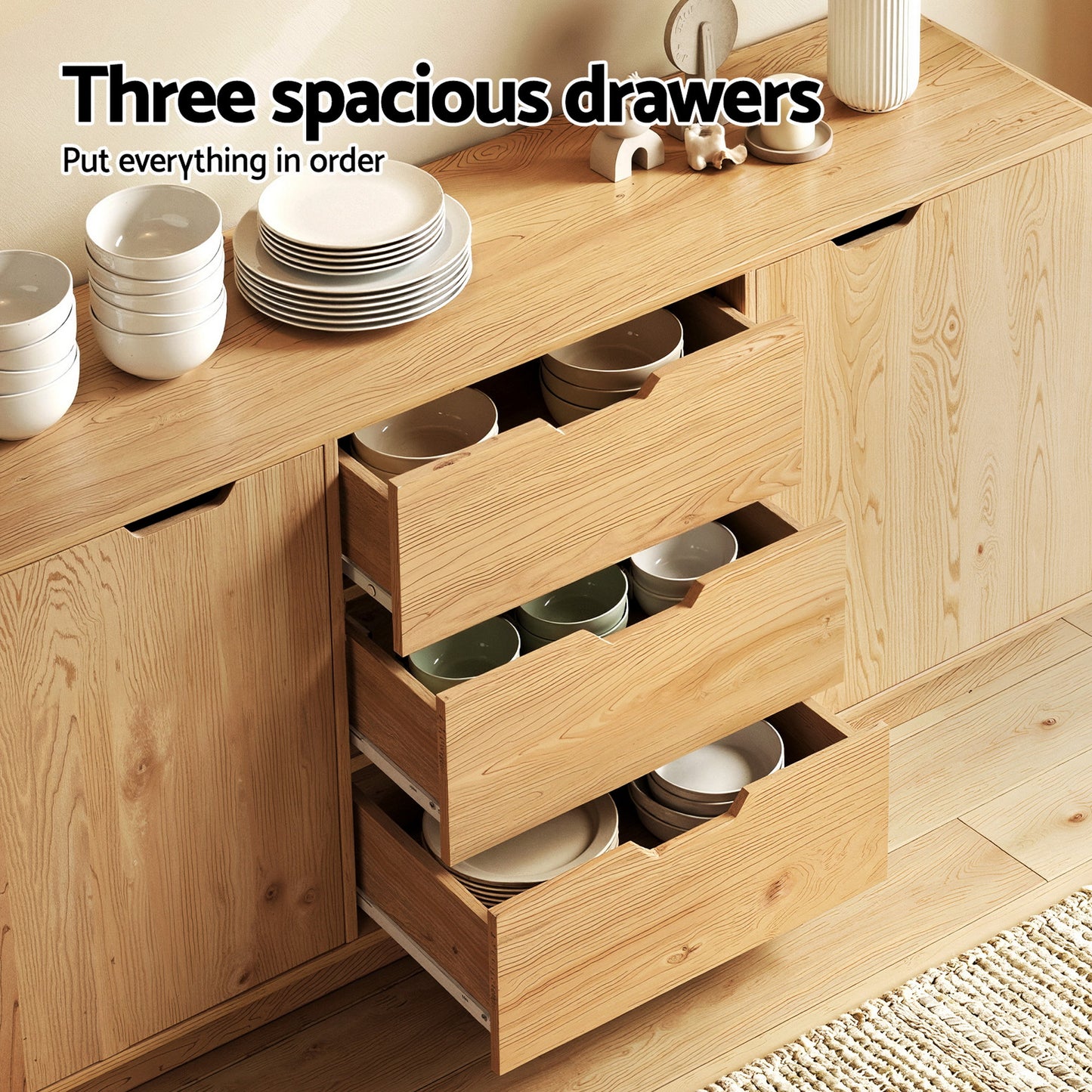 Buffet Sideboard – Oak Finish with Rounded Edges and Storage Drawers