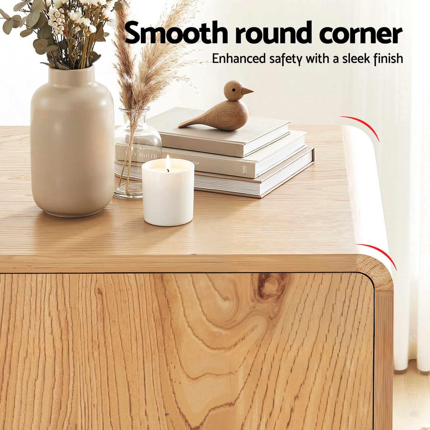Buffet Sideboard – Oak Finish with Rounded Edges and Storage Drawers