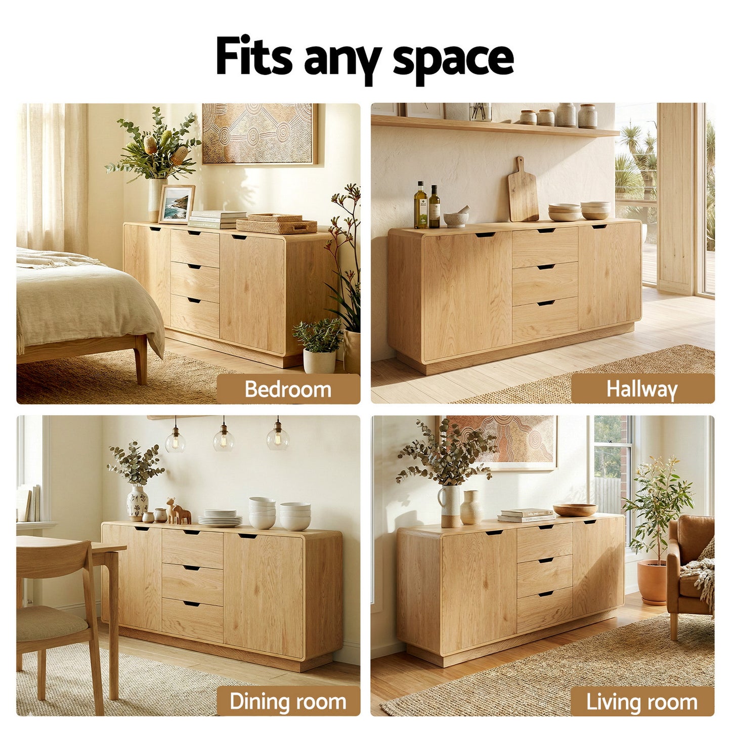 Buffet Sideboard – Oak Finish with Rounded Edges and Storage Drawers
