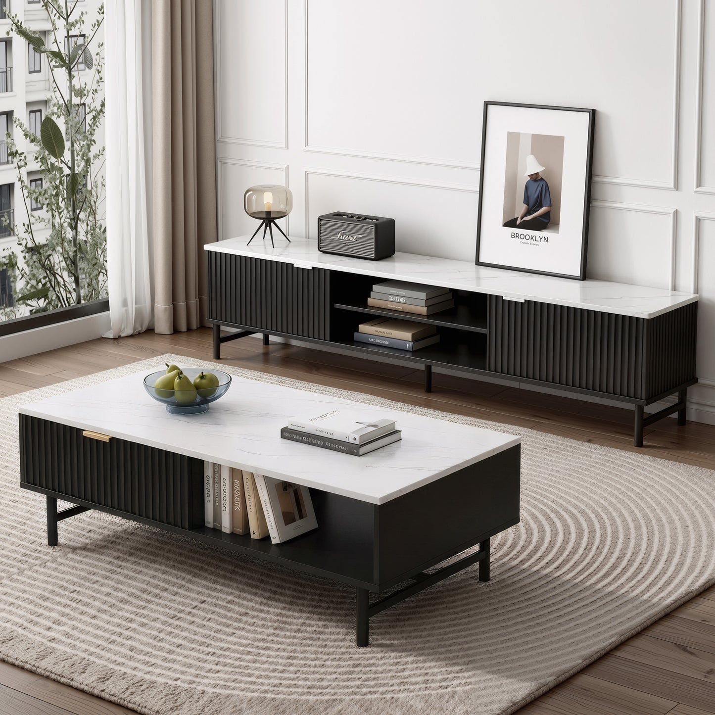 TV Unit and Coffee Table Set – Black Storage Shelf, Modern Design