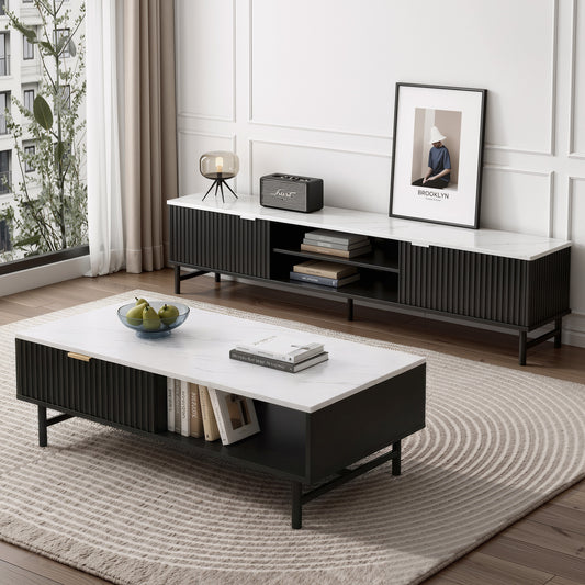 TV Unit and Coffee Table Set – Black Storage Shelf, Modern Design