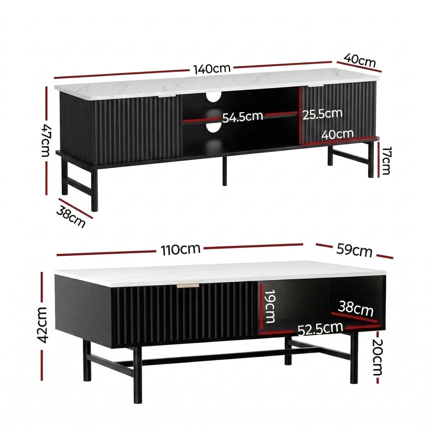TV Unit and Coffee Table Set – Black Storage Shelf, Modern Design